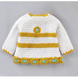 Babyhug Full Sleeves Color Block Woollen Dress with Cap Star Design - Off White Yellow