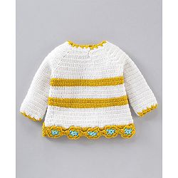 Babyhug Full Sleeves Color Block Woollen Dress with Cap Star Design - Off White Yellow