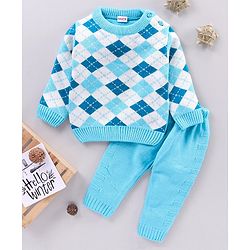 Babyhug Full Sleeves Sweater & Pyjama Set Printed - Blue