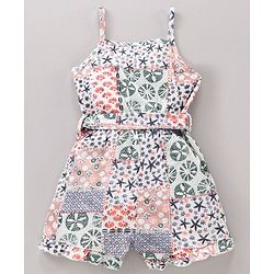 Babyhug 100% Cotton Singlet Sleeves Jumpsuit Multi Print  - Multicolor