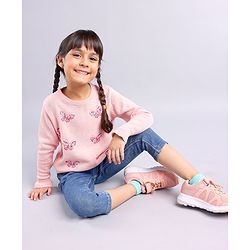 Babyhug Cotton Knit Full Sleeves Sequins Butterfly Sweater - Pink