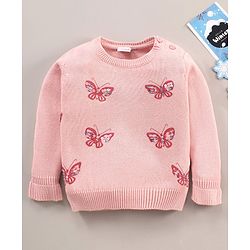 Babyhug Cotton Knit Full Sleeves Sequins Butterfly Sweater - Pink