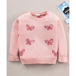 Babyhug Cotton Knit Full Sleeves Sequins Butterfly Sweater - Pink