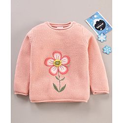 Babyhug Cotton Knit Full Sleeves Floral Embroidery Sweater - Pink