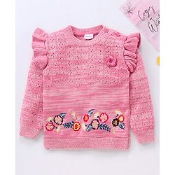 Babyhug Cotton Knit Full Sleeves Pullovers Floral Design - Pink