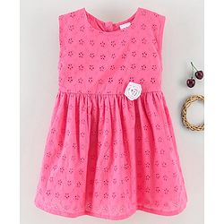 Babyhug Sleeveless 100% Cotton Hakoba Frock With Flower Applique - Pink