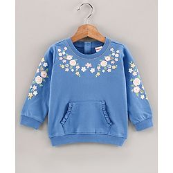 Babyhug Full Sleeves Sweatshirt Floral Graphics & Frill Detailing at Pocket - Blue