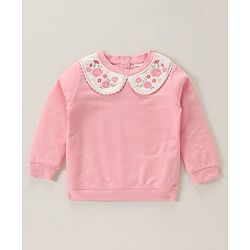 Babyhug Full Sleeves Sweatshirt with Floral Embroidery & Peter Pan Collar - Pink