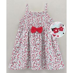 Babyhug Singlet Sleeves Rayon Twill Gathered Smocking Frock with Cotton Floral Print and Bow Applique - Red