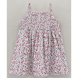 Babyhug Singlet Sleeves Rayon Twill Gathered Smocking Frock with Cotton Floral Print and Bow Applique - Red