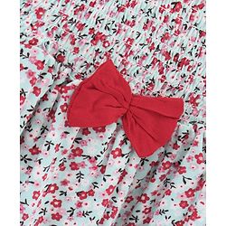 Babyhug Singlet Sleeves Rayon Twill Gathered Smocking Frock with Cotton Floral Print and Bow Applique - Red