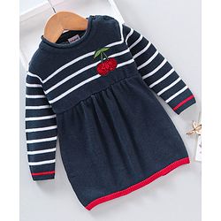 Babyhug Full Sleeves Knit Woollen Dress Cherry Patch - Navy Blue