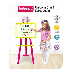 Babyhug 8-in-1 Adjustable Easel Board - Magnetic Whiteborad & Chalkboard with Alpha & Numeric | Hight Adjustable | Educational Toy | Enhances Learning & Creativity | Blue & Red |BIS Certified