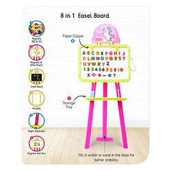 Babyhug 8-in-1 Adjustable Easel Board - Magnetic Whiteborad & Chalkboard with Alpha & Numeric | Hight Adjustable | Educational Toy | Enhances Learning & Creativity | Blue & Red |BIS Certified
