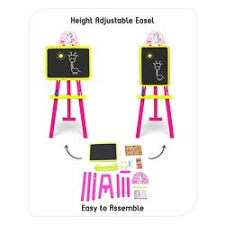 Babyhug 8-in-1 Adjustable Easel Board - Magnetic Whiteborad & Chalkboard with Alpha & Numeric | Hight Adjustable | Educational Toy | Enhances Learning & Creativity | Blue & Red |BIS Certified