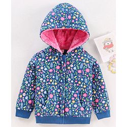 Babyhug Cotton Knit Full Sleeves Hooded Sweat Jacket Floral Print - Blue