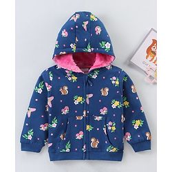 Babyhug Cotton Knit Full Sleeves Hooded Jacket Floral Print - Blue