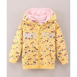 Babyhug Full Sleeves Hooded Sweat Jacket Floral Print & Applique - Yellow