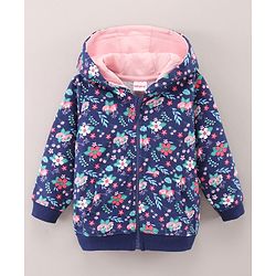 Babyhug Full Sleeves Hooded Jacket Floral Print - Navy