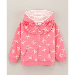 Babyhug Full Sleeves Cotton Knit Hooded Jacket Butterfly Print - Peach