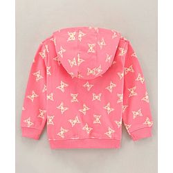 Babyhug Full Sleeves Cotton Knit Hooded Jacket Butterfly Print - Peach