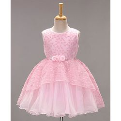 Babyhug Woven Sleeveless Asymmetrical Party Frock Floral Embroidered - Pink