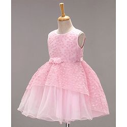 Babyhug Woven Sleeveless Asymmetrical Party Frock Floral Embroidered - Pink