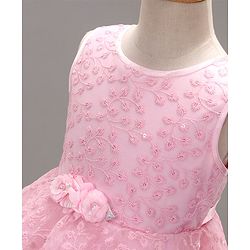 Babyhug Woven Sleeveless Asymmetrical Party Frock Floral Embroidered - Pink