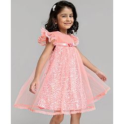 Babyhug Flutter Sleeves Party Wear Sequined Frock - Peach