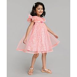 Babyhug Flutter Sleeves Party Wear Sequined Frock - Peach