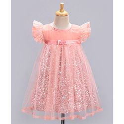 Babyhug Flutter Sleeves Party Wear Sequined Frock - Peach