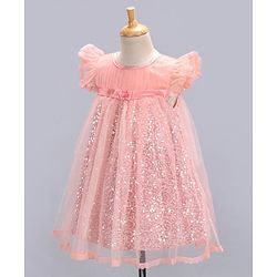 Babyhug Flutter Sleeves Party Wear Sequined Frock - Peach