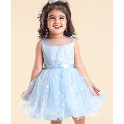 Babyhug Sleeveless Sequin Party Frock With Bow - Frozen Blue