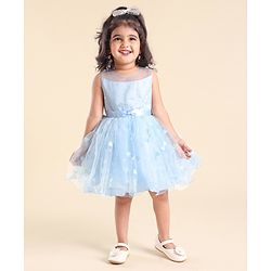 Babyhug Sleeveless Sequin Party Frock With Bow - Frozen Blue