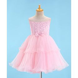 Babyhug Sleeveless Sequinned Party Wear Layered Frock Bow Applique- Pink
