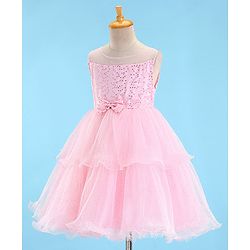 Babyhug Sleeveless Sequinned Party Wear Layered Frock Bow Applique- Pink