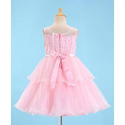 Babyhug Sleeveless Sequinned Party Wear Layered Frock Bow Applique- Pink