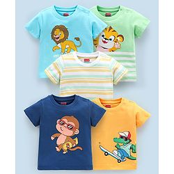 Babyhug Cotton Half Sleeves T-Shirts Wild Animal Print Pack of 5 - Blue & Orange