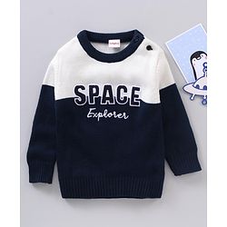 Babyhug Full Sleeves Knit Pullover Text Embroidery - Navy Blue White