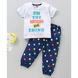 Babyhug Cotton Half Sleeves Night Suit Text & Stars Print- White & Blue