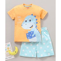 Babyhug Cotton Half Sleeves Shorts Set Dino Print - Orange Blue