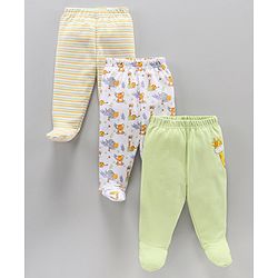 Babyhug Cotton Knit Full Length Animal Printed & Striped Bootie Pant Pack Of 3 - Multicolour
