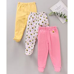 Babyhug Cotton Full Length Booties Leggings Printed Pack of 3 - Pink Yellow & White