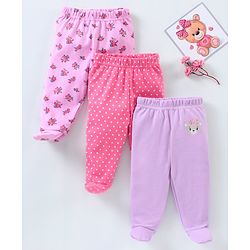Babyhug Bootie Leggings Floral & Bear Print Pack of 3 - Pink & Purple