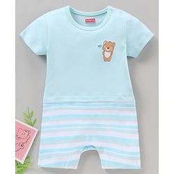 Babyhug 100% Cotton Half Sleeves Romper Bear & Stripes Print- Blue