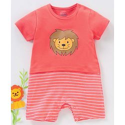 Babyhug 100% Cotton Half Sleeves Romper Lion & Stripes Print- Orange