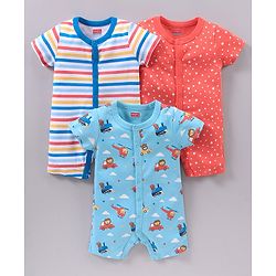 Babyhug 100% Cotton Half Sleeves Romper Multiprint Pack Of 3 - Multicolor