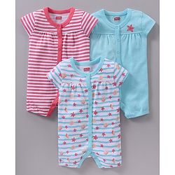 Babyhug 100% Cotton Knit Cap Sleeves Rompers Pack of 3 Stripes & Sea Life Print - Multicolour