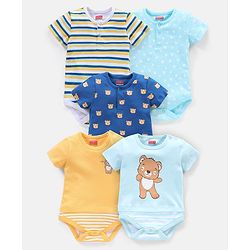 Babyhug 100% Cotton Half Sleeves  Onesies Teddy Print Pack of 5 - Multicolor