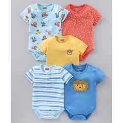 Babyhug 100% Cotton Half Sleeves Onesies Strip & Polka Dot Print Pack of 5 - Blue Yellow Red